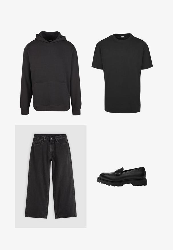Sweat à capuche noir en tissu doux, doté d'une poche kangourou à l'avant, de larges poignets et d'une coupe décontractée. Sans motifs ni imprimés.; T-shirt en coton noir à manches courtes, col rond et coupe standard. Le tissu semble lisse et sans décoration.; Jean en denim noir à jambes larges avec poches avant, passants pour ceinture et fermeture par boutons, présenté sur un fond clair uni.; Mocassin en cuir noir avec une semelle robuste et texturée. Présente un bord décoratif en couture et un petit talon pour un design contemporain.