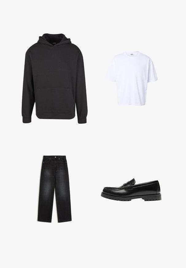 Zwarte pullover hoodie gemaakt van zachte stof, met een voorzak in kangoeroestijl, brede manchetten en een ontspannen pasvorm. Zonder afbeeldingen of patronen.; Effen witte katoenen T-shirt met korte mouwen, ronde hals, losse pasvorm en Urban Classic merklabel aan de binnenkant van de kraag.; Zwarte jeans met hoge taille en rechte pijpen, met voorzakken, knoopsluiting en subtiele vervaagde details op dijen en knieën.; Zwarte leren loafer met een dikke rubberen zool en klassieke penny-strap details, gezien vanaf de buitenkant.