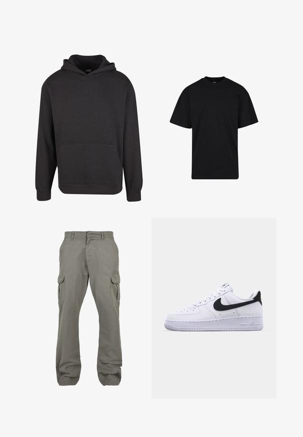 Zwarte pullover hoodie gemaakt van zachte stof, met een voorzak in kangoeroestijl, brede manchetten en een ontspannen pasvorm. Zonder afbeeldingen of patronen.; Zwarte T-shirt met korte mouwen en ronde hals, een ontspannen pasvorm, eenvoudig ontwerp zonder zichtbare logo's of patronen.; Lichtgrijze cargobroek van katoen, met twee zijzakken, twee cargozakken, een rechte pijp en een ritssluiting.; Witte leren sneaker met een gestructureerde zwarte Swoosh, platte veters en een rubberen zool met een geribbeld patroon. "AIR" is in de hak geperst.