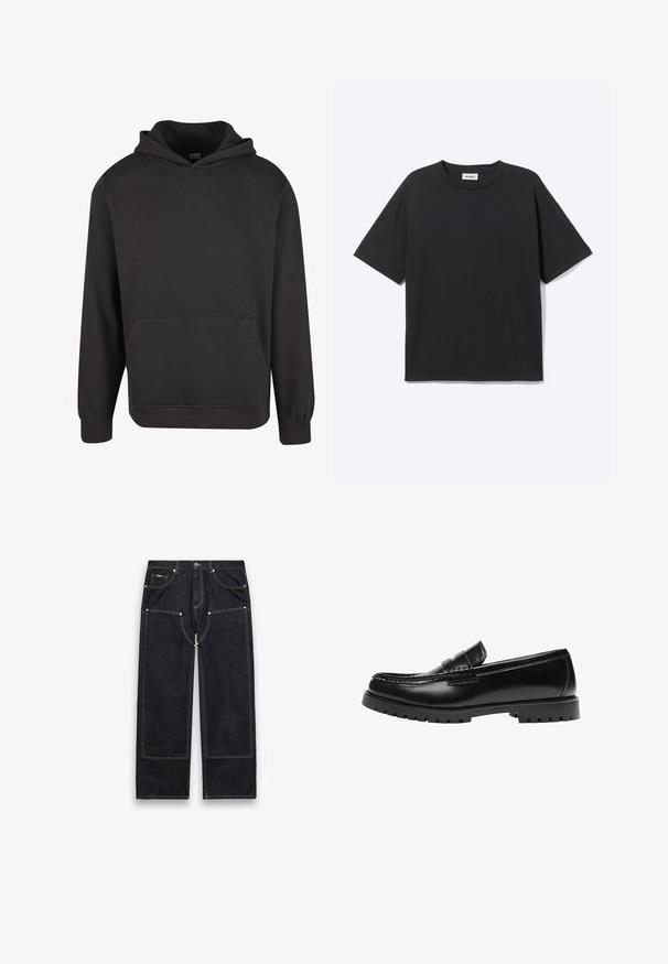 Zwarte pullover hoodie gemaakt van zachte stof, met een voorzak in kangoeroestijl, brede manchetten en een ontspannen pasvorm. Zonder afbeeldingen of patronen.; Zwart T-shirt met korte mouwen en ronde hals met een ontspannen pasvorm, vooraanzicht, effen ontwerp en zichtbaar Weekday-merklabel binnenin de kraag.; Zwarte denim jeans met rechte pijpen, verstevigde kniepatches, zichtbare gele stiksels, voor- en achterzakken, en een knoopsluiting in de taille.; Zwarte leren loafer met een dikke rubberen zool en klassieke penny-strap details, gezien vanaf de buitenkant.