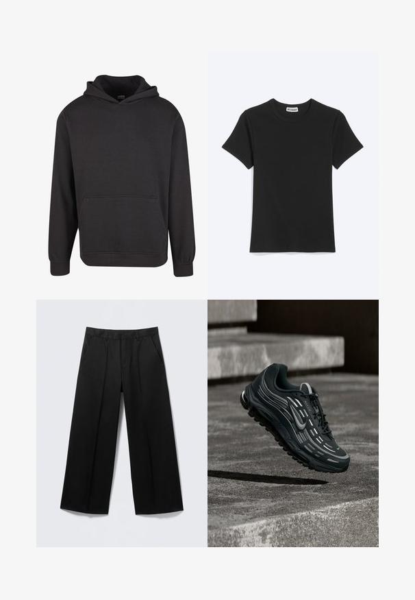 Zwarte pullover hoodie gemaakt van zachte stof, met een voorzak in kangoeroestijl, brede manchetten en een ontspannen pasvorm. Zonder afbeeldingen of patronen.; Effen zwart T-shirt met korte mouwen en een ronde hals met een Weekday-merklabel in de kraag, getoond op een witte achtergrond.; Zwarte broek met brede pijpen, voorzien van lussen voor een ceintuur, steekzakken aan de voorkant en een ritssluiting, getoond op een lichtgrijze achtergrond.; Zwarte en grijze Nike Air Max sneaker zwevend boven grijze betonnen trappen met een gestructureerde achtergrond van de grond.