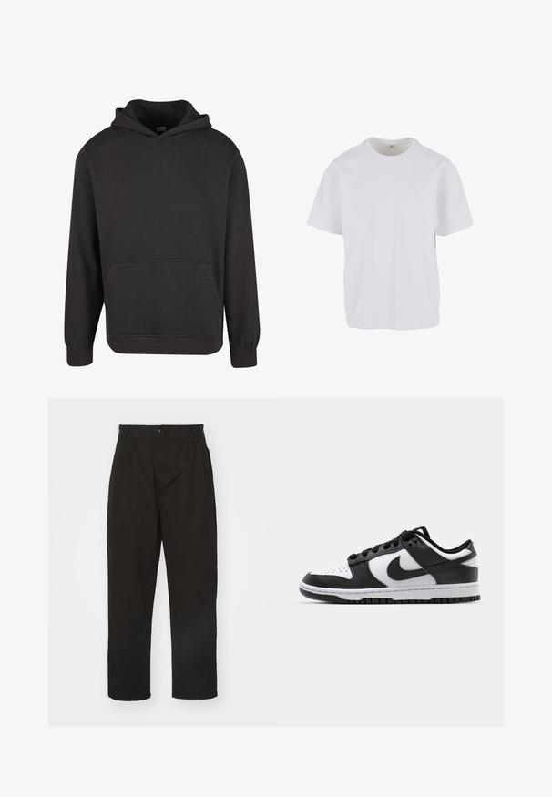 Schwarzer Pullover mit Kapuze aus weichem Stoff, ausgestattet mit einer Kängurutasche vorne, breiten Bündchen und einer legeren Passform. Ohne Grafiken oder Muster.; Weißes kurzärmeliges T-Shirt aus weicher Baumwolle, mit rundem Ausschnitt und lockerer Passform sowie geradem Saum. Keine Muster oder Akzente sichtbar.; Schwarze Hose aus glattem Stoff, mit Knopfverschluss, geradem Schnitt und zwei vorderen Falten für zusätzlichen Detail.; Schwarze und weiße Nike Dunk Sneakers mit einem Obermaterial aus Leder, perforierter Zehenpartie, schwarzen Schnürsenkeln und einer schwarzen Gummisohle mit Profildesign.