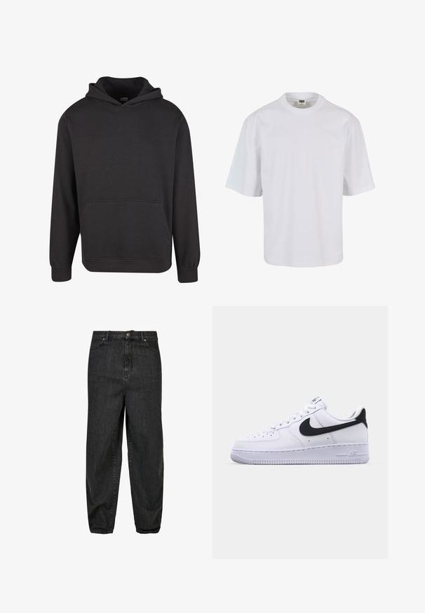 Zwarte pullover hoodie gemaakt van zachte stof, met een voorzak in kangoeroestijl, brede manchetten en een ontspannen pasvorm. Zonder afbeeldingen of patronen.; Witte, korte mouw t-shirt van katoen. Beschikt over een ronde hals en een losse pasvorm met een gladde textuur en geen zichtbare patronen of graphics.; Zwarte spijkerbroek van denim met een relaxte pasvorm, voorzien van een sluiting met een knoop aan de voorkant, vijf zakken en subtiele vervagingsdetails op de stof.; Witte leren sneaker met een gestructureerde zwarte Swoosh, platte veters en een rubberen zool met een geribbeld patroon. "AIR" is in de hak geperst.