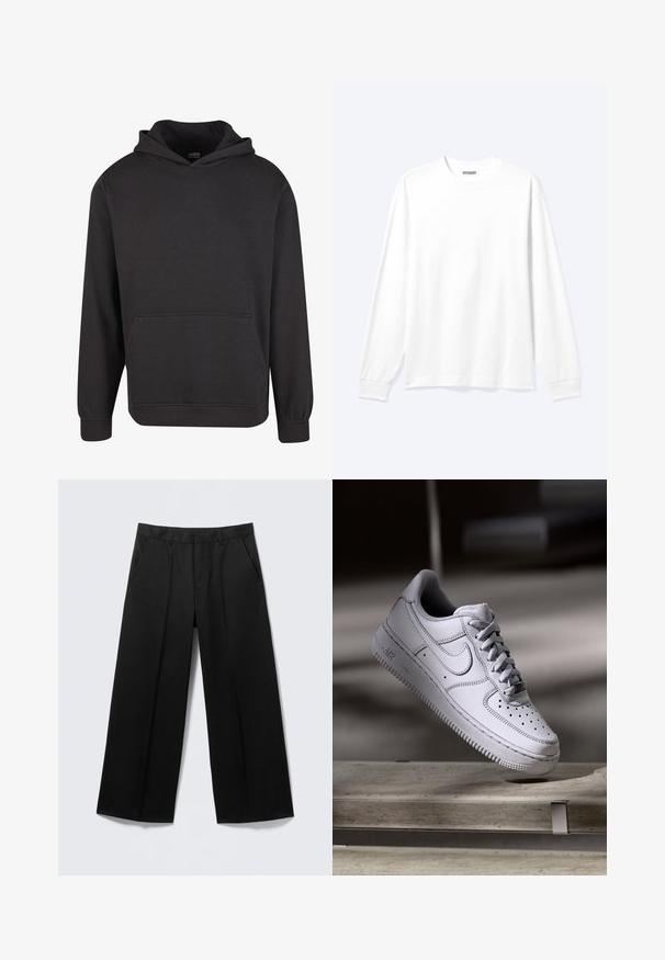 Zwarte pullover hoodie gemaakt van zachte stof, met een voorzak in kangoeroestijl, brede manchetten en een ontspannen pasvorm. Zonder afbeeldingen of patronen.; Effen wit shirt met lange mouwen, ronde hals en geribde boorden, weergegeven op een neutrale lichte achtergrond.; Zwarte broek met brede pijpen, voorzien van lussen voor een ceintuur, steekzakken aan de voorkant en een ritssluiting, getoond op een lichtgrijze achtergrond.; Witte Nike Air Force 1 sneaker van leer met geperforeerde neus, platte veters en een gestructureerde rubberen zool met "AIR"-logo aan de zijkant.