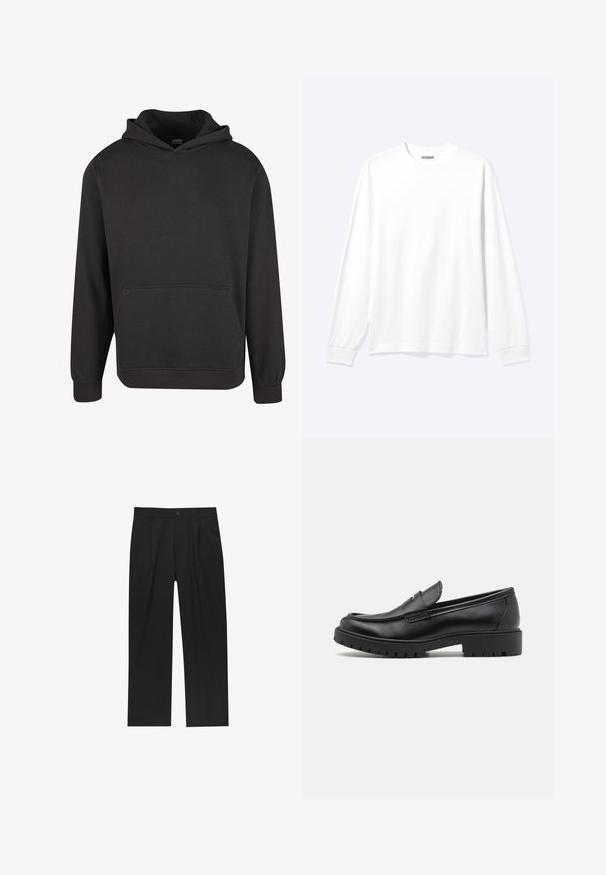 Schwarzer Pullover mit Kapuze aus weichem Stoff, ausgestattet mit einer Kängurutasche vorne, breiten Bündchen und einer legeren Passform. Ohne Grafiken oder Muster.; Langärmliges, schlichtes weißes Hemd mit Rundhalsausschnitt und gerippten Bündchen, dargestellt auf einem neutralen hellen Hintergrund.; Schwarze Hose mit geradem Schnitt, aus einem glatten Stoff gefertigt. Verfügt über Vorderfalten und einen einzelnen Knopfverschluss an der Taille.; Schwarze Lederloafers mit runder Zehenform, eleganter Schlupfdesign und dicker Gummisohle mit strukturiertem Griff. Erhöhter Absatz und dezente Nähdetails.