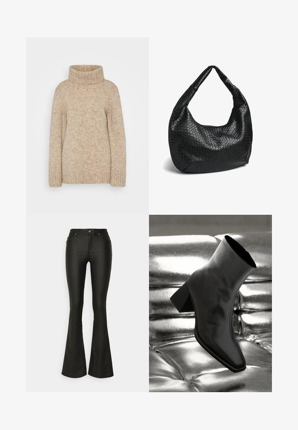 Beige strikket turtleneck sweater med ribbet krave, lange ærmer og en tekstureret finish med subtile striber. Løs pasform.; ONLY Tall ONLBLUSH MID FLARED PANT - Bukser - black; Sorte ankelstøvler lavet af glossy materiale med firkantet tå og spidse hæle, sat mod en skinnende sølv tuftet baggrund.; Sort flettet hobo-taske med en blød silhuet, runde håndtag øverst og en tekstureret overflade med et karakteristisk gittermønster.