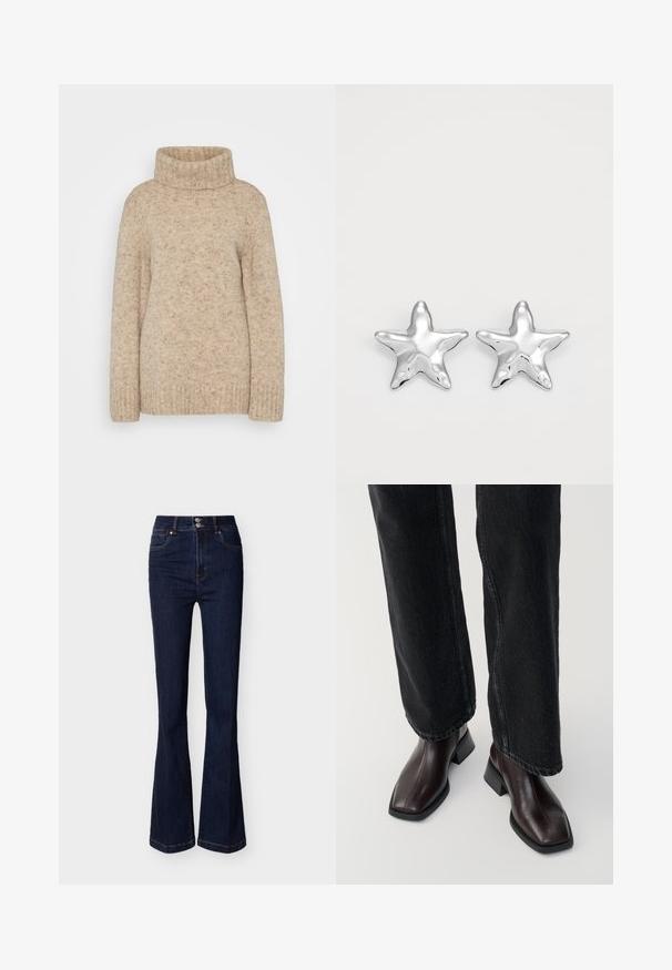Beige strikket turtleneck sweater med ribbet krave, lange ærmer og en tekstureret finish med subtile striber. Løs pasform.; Mørkeblå, højtaljede denimjeans med vide ben, forlommer og dobbelt knaplukning i taljen.; Brune læder ankelstøvler med firkantet tå og blokhæl, parret med sorte brede jeans. Glat tekstur og minimalistisk design.; Sølvstjernede øreringe med en poleret, blank overflade. Hver ørering har fem spidser og subtile teksturdetaljer på overfladen.