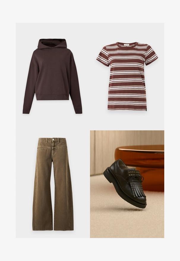 Sweat à capuche uni brun foncé, à manches longues, coupe ample, sans motifs ni logos visibles, présenté sur un fond gris clair.; T-shirt marron à rayures avec des rayures blanches horizontales, manches courtes et col rond classique en coton doux.; Pantalon marron taille haute à jambes larges avec bouton devant, passants de ceinture, et coutures visibles sur fond clair.; Chaussure en cuir noire à lacets avec franges décoratives et clous métalliques posée sur un tapis beige près d'un meuble marron.