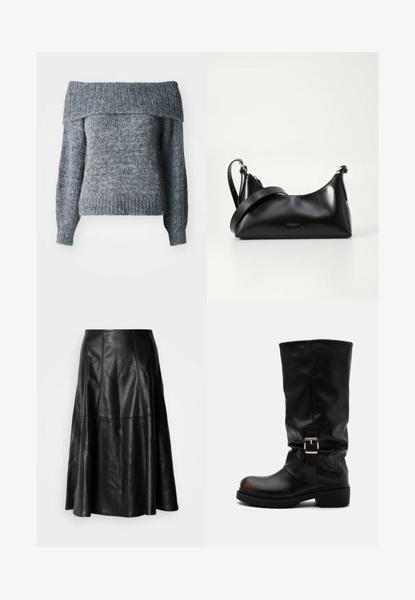 Pull gris à épaules dénudées, texture tricotée, manches longues, ourlet et encolure côtelés avec une coupe ample, idéal pour le superposition.; Jupe en cuir noir avec une silhouette évasée, présentant des coutures visibles et une texture lisse. Conception mi-longue avec une coupe classique.; Botte haute en cuir noir avec bout arrondi, talon bas, bride à boucle latérale et tige légèrement relâchée sur fond blanc.; Sac à main en cuir noir avec une texture lisse. Dispose d'une bandoulière adjustable et d'un design élégant et minimaliste avec une fermeture éclair.