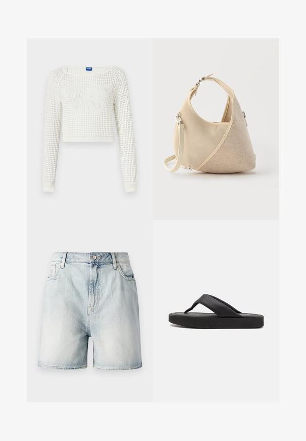 Pull en tricot blanc cropped avec un motif texturé, présentant un design de papillon au centre et des poignets côtelés sur les manches.; Shorts en denim bleu clair avec fermeture par bouton, cinq poches et une texture délavée. Coupe droite au design classique.; Tongs noires avec une large lanière entre les orteils et une tige en synthétique douce. Dotées d'une semelle en caoutchouc épaisse avec une semelle intérieure texturée pour une meilleure adhérence.; Sac à main beige en forme de croissant avec textures de tissus mélangées, poignée courte et bandoulière amovible, sur fond clair.