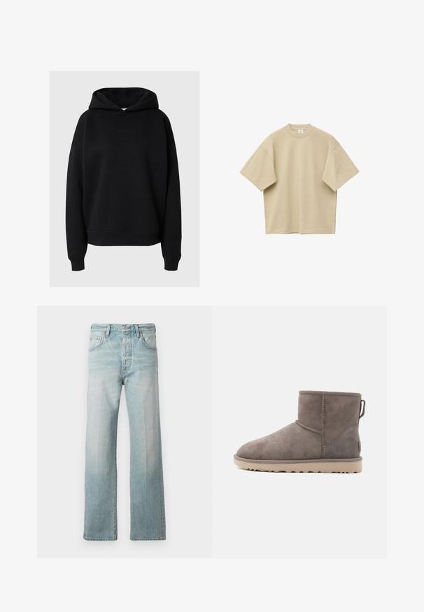 Zwarte capuchontrui van een zachte stof, met een relaxte pasvorm, ribgebreide manchetten en een subtiele logodetail aan de voorkant.; Beige oversized T-shirt met korte mouwen en ronde hals, plat gelegd met zichtbare stiksels op de mouwen en zoom tegen een witte achtergrond.; Lichtblauwe denim jeans met een rechte pijp, hoge taille, voorzakken en een vervaagde textuur. Afgewerkt met een subtiele gestikte tailleband.; Suède enkellaarsjes in grijs met een zachte textuur, ronde neus en stevige beige zool. Voorzien van versterkte hak en stikaccenten.