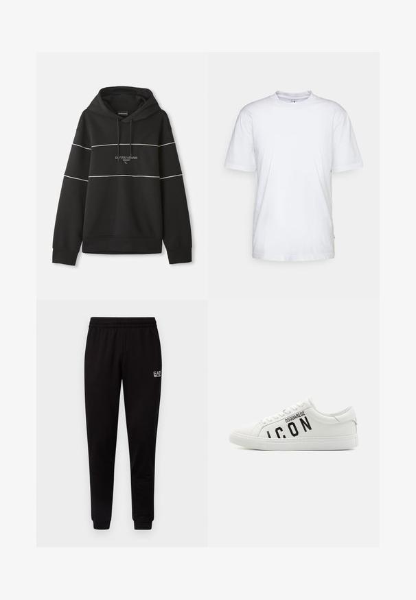 Sort hættetrøje med hvide vandrette striber og teksten "Emporio Armani Milano" broderet på brystet.; Hvid bomulds t-shirt med rund hals, korte ærmer og lige kant. Har et lille mærke på den venstre sidesøm.; Sorte sweatpants med elastisk talje, tætsiddende ben og et lille hvidt logo på den øverste venstre side. Glat tekstur og enkelt design.; DSQUARED2 ICON Sneakers - bianco