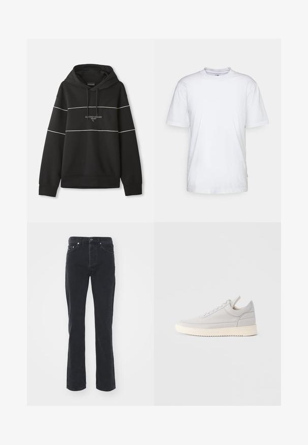 Musta kapuutsiga sweatshirt, millel on valged horisontaalsed triibud ja rinnal on brodeeritud tekst "Emporio Armani Milano".; Valge puuvillane T-särk ümmarguse kaelusega, lühikeste käistega ja sirge äärisega. Paremal külgõmblusel on väike brändimärgistus.; Mustad denimist valmistatud sirge säärega teksad, mis sisaldavad viit taskut ja nööbiga kinnitust. Kude on õrnalt tekstuuritud ja vastupidav.; Helehall nahast toss, millel on tekstuuriga küljed, eespaelad ja kreemikas kummist tallad. Omab siledat varbakatet ja minimalistlikke disainielemente.