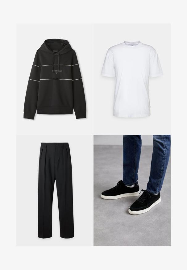 Schwarzer Kapuzenpullover mit weißen horizontalen Streifen und dem aufgestickten Text "Emporio Armani Milano" auf der Brust.; Weißes Baumwoll-T-Shirt mit Rundhalsausschnitt, kurzen Ärmeln und geradem Saum. Auf der linken Seitennaht befindet sich ein kleines Markenzeichen.; Schwarze formelle Hose mit Bundfalten, Gürtelschlaufen und Knopfverschluss in der Taille, vor einem einfarbigen hellen Hintergrund dargestellt.; Schwarze Wildledersneaker mit einer weißen Gummisohle, die ein klassisches Low-Top-Design, eine abgerundete Spitze und flache schwarze Schnürsenkel aufweisen.