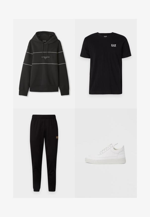Schwarzer Kapuzenpullover mit weißen horizontalen Streifen und dem aufgestickten Text "Emporio Armani Milano" auf der Brust.; Schwarzes Baumwoll-T-Shirt mit V-Ausschnitt und kurzen Ärmeln. Mit einem weißen EA7-Logo auf der linken Brust. Glatte Textur, normale Passform.; Schwarze Jogginghose mit einem elastischen Bund, taillierten Bündchen und einem kleinen gelben Logo am oberen linken Bein. Weicher, glatter Stoff.; Weißer Ledersneaker mit abgerundetem Zehenbereich, flacher Sohle und Schnürverschluss. Verfügt über Nahtdetails und einen gepolsterten Kragen für zusätzlichen Komfort.