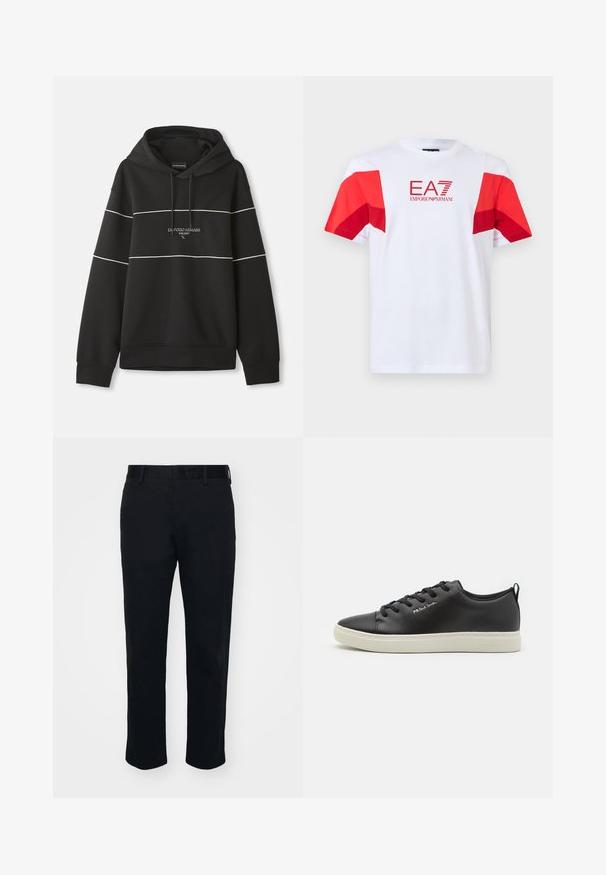 Sort hættetrøje med hvide vandrette striber og teksten "Emporio Armani Milano" broderet på brystet.; Hvid T-shirt med korte ærmer, røde geometriske detaljer på ærmerne og rød "EA7 Emporio Armani"-logo centreret på brystet.; Sorte bukser med lige ben, lavet af et glat stof. Har en talje og bæltestropper, uden synlige lommer eller mønstre.; Sort læder sneakers med rund tå, kontrastfarvet hvidgummi sål, seks øjelets snørelukning og diskret branding på siden.