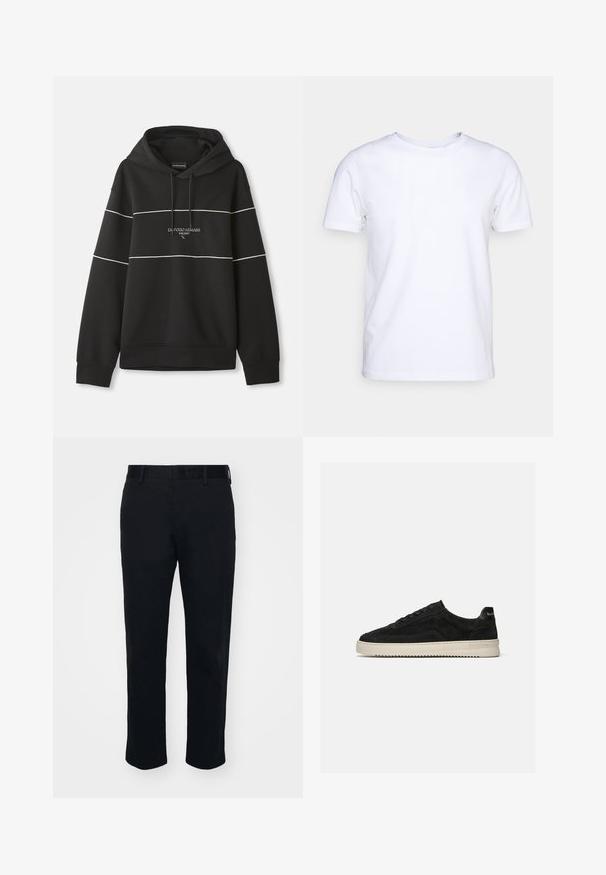 Čierna mikina s kapucňou a bielymi horizontálnymi pruhmi, s nápisom "Emporio Armani Milano" vyšitým na hrudi.; Biela kratkosrstá bavlnená tričko s okrúhlym výstrihom. Jednoduchý dizajn bez vzorov alebo akcentov. Hladká textúra.; Čierne nohavice s rovnými nohavicami, vyrobené z hladkej látky. Obsahujú pás a pútka na opasok, bez viditeľných vreciek alebo vzorov.; Čierna semišová nízka teniska s čiernymi šnúrkami a bielou gumovou podrážkou, bočný pohľad na jednotnom svetlosivom pozadí.