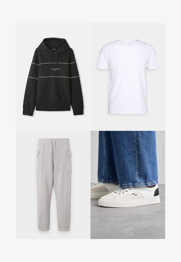 Musta kapuutsiga sweatshirt, millel on valged horisontaalsed triibud ja rinnal on brodeeritud tekst "Emporio Armani Milano".; Valge lühikeste varrukatega t-särk puuvillaste kangast, ümmarguse kaelusega. Lihtne disain, ilma mustrite ja detailideta. Sile tekstuur.; Hallid hallid dressipüksid elastse vöökoha, külgtaskute ja joontega, mis kulgevad vertikaalselt mööda jalgu. Puuvilla segu tekstuur.; Valged ja mustad spordijalatsid sileda nahkpealise, tekstuursete aktsentidega ja paksu valge tallaga. Omab klassikalist nööbistamise disaini.