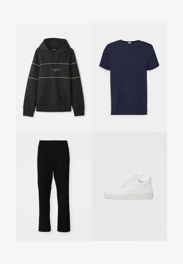 Musta huppari, jossa on valkoisia vaakasuoria raitoja ja rintapuolelle kirjailtu "Emporio Armani Milano" -teksti.; T-paita tummansinisestä pehmeästä kankaasta, lyhythihainen. Ominaisuuksiin kuuluu pyöreä kaula-aukko ja suora leikkaus ilman kuvioita tai yksityiskohtia.; Mustat housut slim-fit-mallia. Niissä on joustava vyötärö ja suorat lahkeet, ja ne on valmistettu sileästä kankaasta, jossa on mattapinta.; Valkoinen nahkainen lenkkarit, joissa on pyöreä varvas, tasainen pohja ja nauhat edessä. Mallissa on ompelutaitoja ja pehmustettu kaulus mukavuutta varten.