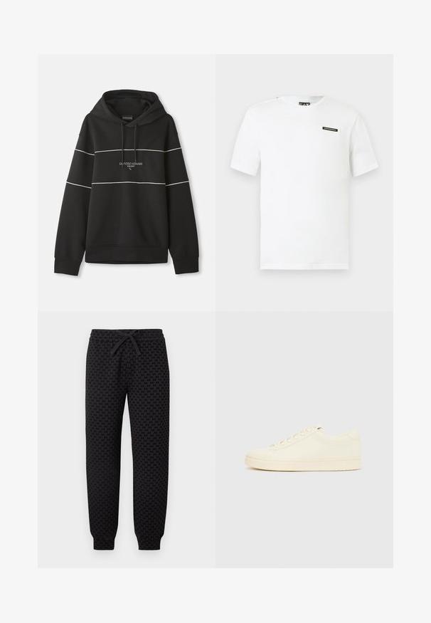Sudadera con capucha negra con franjas horizontales blancas y texto "Emporio Armani Milano" bordado en el pecho.; Camiseta blanca de algodón con mangas cortas, cuello redondo y un pequeño parche negro con logo en el pecho izquierdo. Textura suave, corte estándar.; Pantalones jogger negros con puños y cinturilla elásticos, con un patrón sutil de logotipo "AX" por todo el tejido y un cordón atado en la cintura.; Zapatilla de color crema con parte superior de cuero liso, puntera redondeada, cierre de cordones y suela de goma texturizada. Diseño minimalista, sin logotipos.