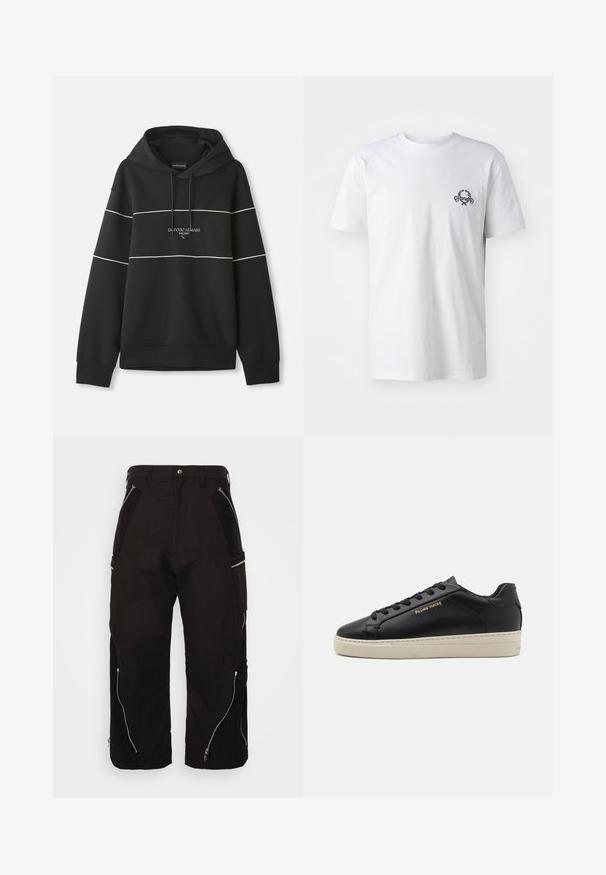 Musta huppari, jossa on valkoisia vaakasuoria raitoja ja rintapuolelle kirjailtu "Emporio Armani Milano" -teksti.; Valkoinen puuvillapaita, jossa on pieni musta brodeerattu design rinnassa; lyhyet hihat ja klassinen pyöreä pääntie.; C.O.L VOLADOR PANTS - Reisitaskuhousut - jet black; Musta nahkakengät, joissa on sileä pinta, kontrastoiva kerma värinen pohja, pyöreä kärki, kultainen logo sivussa ja kuusi reikää nauhoille.
