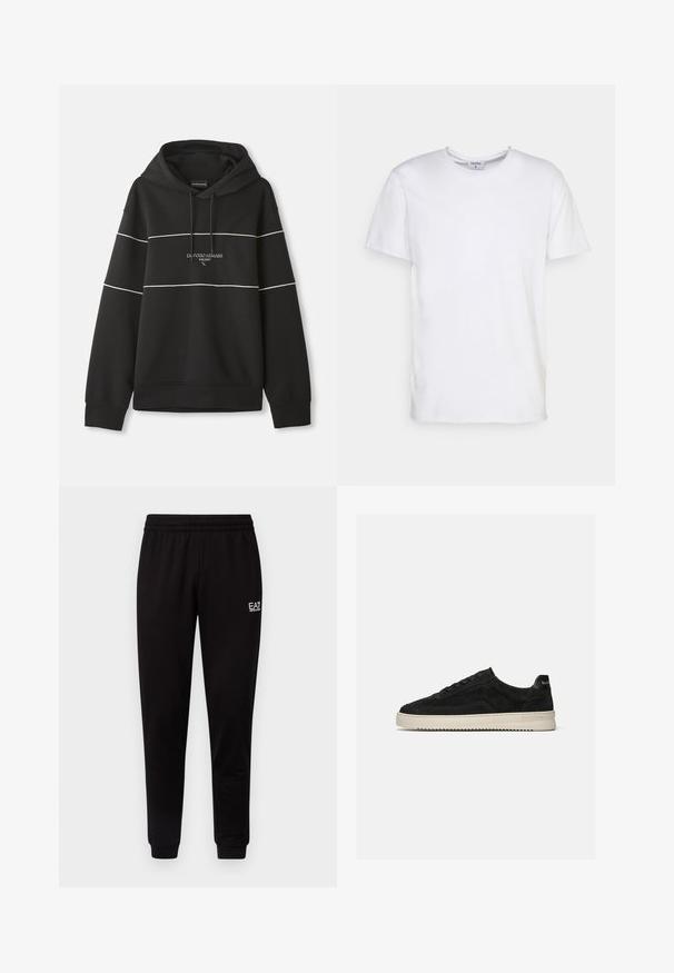 Čierna mikina s kapucňou a bielymi horizontálnymi pruhmi, s nápisom "Emporio Armani Milano" vyšitým na hrudi.; Biely krátky rukáv tričko vyrobené z bavlny. Má okrúhly výstrih a voľný strih bez viditeľných vzorov alebo akcentov.; Čierne tepláky s elastickým pásom, zúženými nohavicami a malým bielym logom na ľavej hornej strane. Hladký materiál a jednoduchý dizajn.; Čierna semišová nízka teniska s čiernymi šnúrkami a bielou gumovou podrážkou, bočný pohľad na jednotnom svetlosivom pozadí.