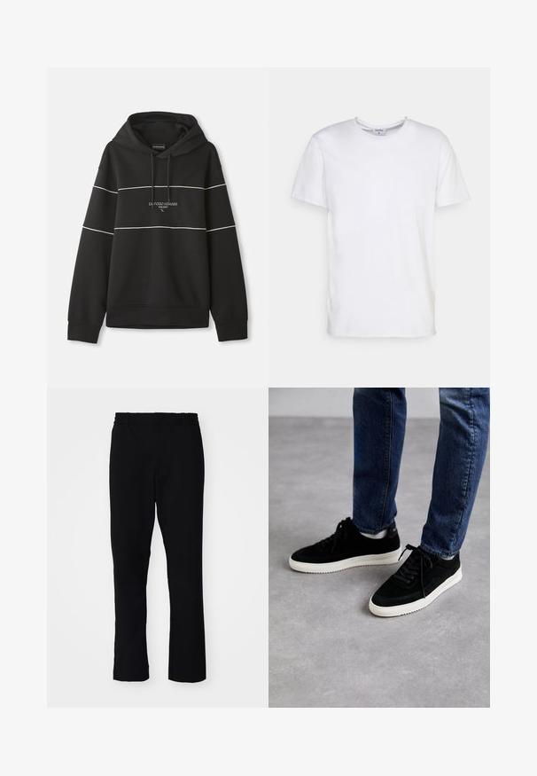 Sort hættetrøje med hvide vandrette striber og teksten "Emporio Armani Milano" broderet på brystet.; Hvid kortærmet t-shirt lavet af bomuld. Har en rund halsudskæring og en afslappet pasform uden synlige mønstre eller detaljer.; Sorte bukser med slim fit. De har en elastisk talje og lige ben, lavet af et glat stof med en mat finish.; Sorte ruskind sneakers med en hvid gummisål, der har et klassisk low-top design, rundt tå og flade sorte snørebånd.