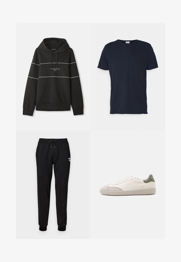 Čierna mikina s kapucňou a bielymi horizontálnymi pruhmi, s nápisom "Emporio Armani Milano" vyšitým na hrudi.; Námornícky modré bavlnené tričko s okrúhlym výstrihom a krátkymi rukávmi, s hladkou textúrou a jednoduchým dizajnom, bez viditeľných vzorov alebo akcentov.; Čierne tepláky s elastickým pásom a nastaviteľnou šnúrkou. Obsahujú rebrované manžety a malý grafický detail na hornej časti nohy.; Biely nízky teniska s jemne sivými semišovými akcentmi na špičke a päte, bielymi šnúrkami a rovným béžovým podrážkou, zobrazená z vonkajšej strany.