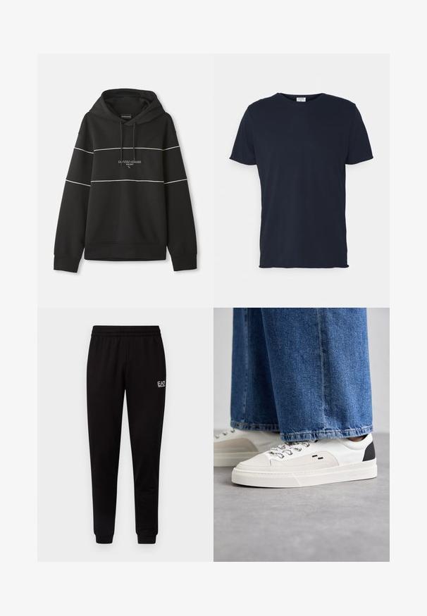 Musta kapuutsiga sweatshirt, millel on valged horisontaalsed triibud ja rinnal on brodeeritud tekst "Emporio Armani Milano".; Tumed sinine puuvillane T-särk, millel on ümar kaelus ja lühikesed varrukad, sile tekstuur ja lihtne disain, ilma nähtavate mustrite või aksessuaarideta.; Mustad mustad püksid elastse vöökohtaga, kitsenevate jalgadega ja väikese valge logoga vasakul ülal. Sile tekstuur ja lihtne disain.; Valged ja mustad spordijalatsid sileda nahkpealise, tekstuursete aktsentidega ja paksu valge tallaga. Omab klassikalist nööbistamise disaini.