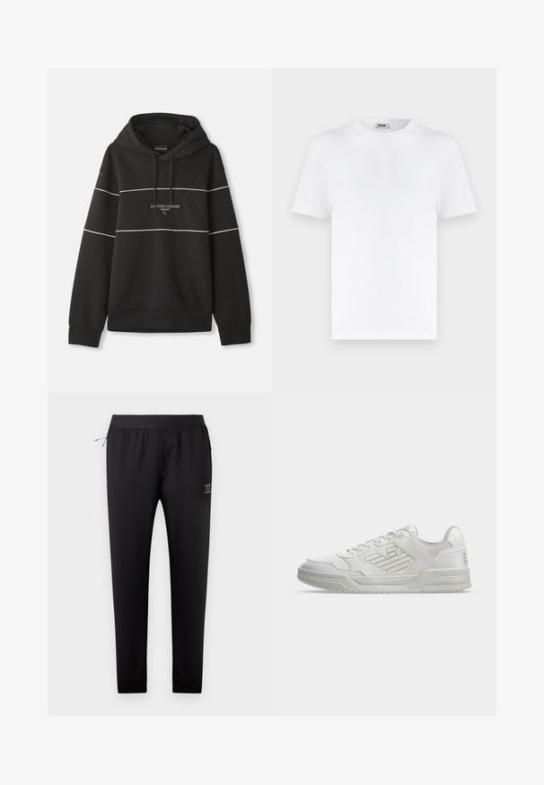Sort hættetrøje med hvide vandrette striber og teksten "Emporio Armani Milano" broderet på brystet.; Hvid T-shirt med korte ærmer og rund hals, ribbet tekstur og en lille halsetiket med teksten "DRYKORN" på en ensfarvet lys baggrund.; Sorte sweatpants med smal pasform, elastisk taljebånd, sidelomme med lynlås og et lille rektangulært logo på højre lår.; Hvid lav sneaker med snørebånd, perforeret tå og tekstureret sål, vist i sideprofil på en ensfarvet baggrund.