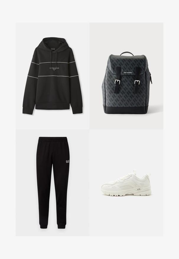 Musta kapuutsiga sweatshirt, millel on valged horisontaalsed triibud ja rinnal on brodeeritud tekst "Emporio Armani Milano".; Mustad mustad püksid elastse vöökohtaga, kitsenevate jalgadega ja väikese valge logoga vasakul ülal. Sile tekstuur ja lihtne disain.; Valge Armani Exchange toss võrgust ja nahast detailidega, esikinnisega, kaubamärgiga "A|X" tallal ja külgpaneelil, madala profileeritud sportlik disain.; Mustast ja hallist mustriga seljakott kahe ees oleva pannalrihma, ülal asuva sangaga ja "Karl Lagerfeld" logoga klapi peal.