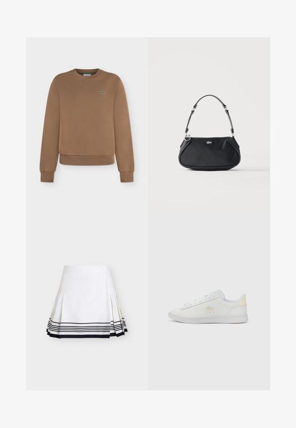 Sweat-shirt marron à manches longues avec poignets et ourlet côtelés, avec un petit logo crocodile vert sur la poitrine gauche.; Jupe blanche plissée avec des rayures horizontales noires près de l'ourlet et un petit bouton sur la taille, présentée sur un fond uni.; Sneaker blanche avec une tige en cuir lisse, bout rond, lacets blancs plats, détail logo doré sur le côté et accent beige sur le talon.; Sac d'épaule noir avec sangle réglable, fermeture éclair et petit logo crocodile argenté au centre devant.
