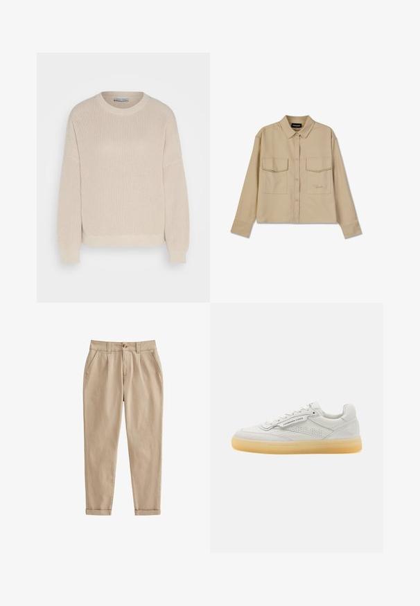 Anna Field by Zalando Pullover - grey; Chemise beige à manches longues en tissu doux, dotée d'une fermeture à boutons, de deux poches poitrine et d'un ourlet droit. Broderie discrète du logo à l'avant.; Chinos beiges en tissu coton léger. Présentent une jambe fuselée, des plis avant, des poches latérales et des revers roulés. Texture brossée.; Basket blanche en cuir avec des accents perforés, bout rond et semelle en caoutchouc crème. Présente des coutures ton sur ton et un design minimaliste.