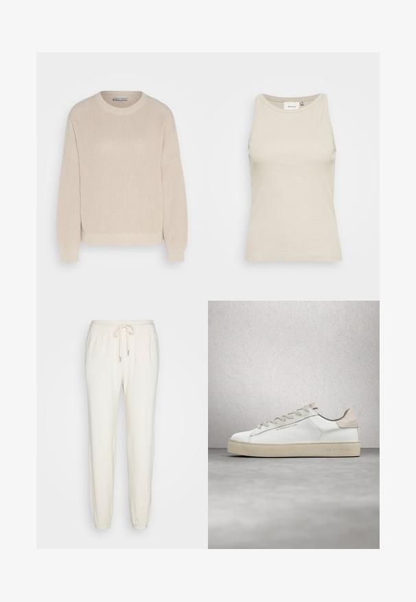 Anna Field by Zalando Striktrøje - grey; Lys beige tank top lavet af ribbestrikket stof med en rund halsudskæring og ærmeløs design. Har en diskret mærkeetiket indeni.; aerie TWIST SEAM JOGGER - Træningsbukser - toasted coconut; Hvide lædersneakers med en glat overflade, beige ruskindsdetaljer, rund tå, flad snørebåndsdesign og en struktureret gummisål.