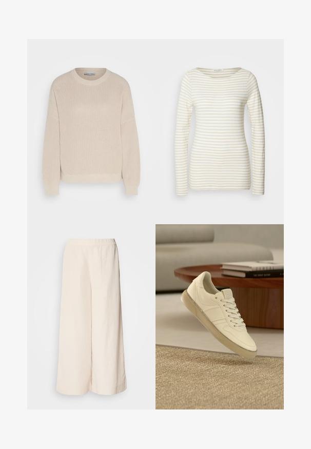 Anna Field by Zalando Striktrøje - grey; Stribet langærmet skjorte i en creme og beige bomuldsblanding, med rund halsudskæring og tætsiddende silhuet. Blød tekstur med subtile mønstre.; Cremefarvede vidde bukser med elastisk talje, der har en afslappet pasform og glat tekstur, velegnet til afslappet brug.; Hvid lædersneaker med snøredesign, teksturerede detaljer og en gennemsigtig gummisål, vist over en vævet overflade.