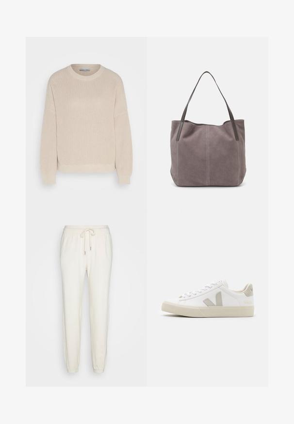 Anna Field by Zalando Svetrík - grey; aerie TWIST SEAM JOGGER - Tepláky - toasted coconut; Biele tenisky vyrobené z kože s šedými akcentmi vo forme V loga, textúrovaná gumová podrážka, biele šnúrky a polstrovaný jazyk a golier.; Sivá semišová taška cez rameno s dvoma tmavými koženými rúčkami. Obsahuje prešitie na bočných stranách, jemnú textúru a priestranné otvorenie.