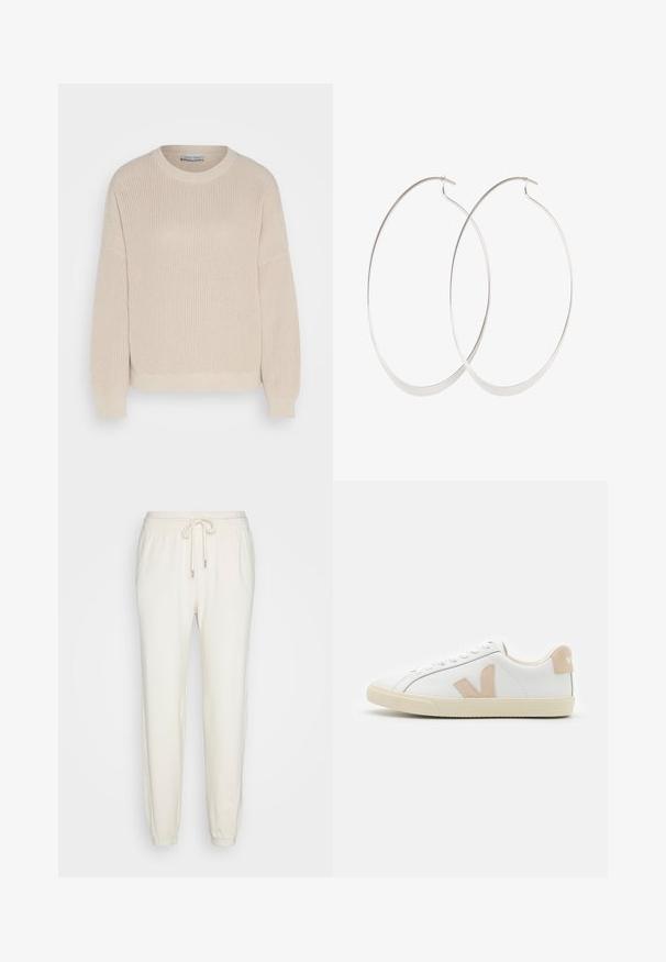 Anna Field by Zalando Striktrøje - grey; aerie TWIST SEAM JOGGER - Træningsbukser - toasted coconut; Hvide lædersneakers med beige suede-detaljer, rund tå, flad gummisål og snøredesign. Har et logo på hælen.; Sølv hoops øreringe med et tyndt, glat design; langstrakt oval form; poleret finish; har en sikker krog lukning.