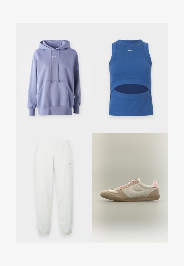 Απαλή μωβ Nike φούτερ, κατασκευασμένο από μαλακό ύφασμα, που διαθέτει μπροστινή τσέπη, κουκούλα με κορδόνι και ένα μικρό λευκό λογότυπο στο στήθος.; Μπλε αμάνικο crop top Nike με ψηλό λαιμό και άνοιγμα στο στομάχι, υφασμάτινη ρίγα και λευκό λογότυπο Swoosh στο κέντρο μπροστά.; Ανοιχτό γκρι φόρμα Nike με ελαστική μέση, στενά μανσέτες και μικρό μαύρο λογότυπο στο αριστερό μηρό. Μαλακό, υφασμάτινο ύφασμα με υφή.; Χαμηλού προφίλ μπεζ και λευκό αθλητικό παπούτσι με ροζ κορδόνια και έμφαση στη φτέρνα, που δείχνει το λογότυπο της Nike στο πλάι σε μονόχρωμο φόντο.