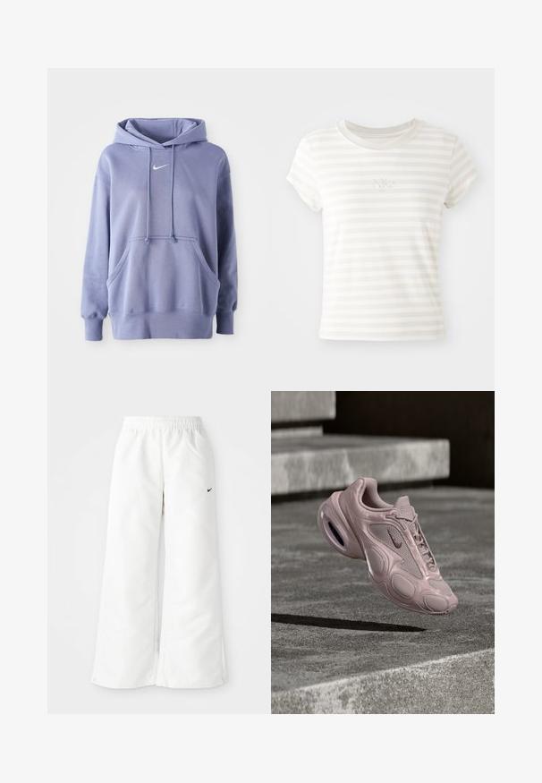 Απαλή μωβ Nike φούτερ, κατασκευασμένο από μαλακό ύφασμα, που διαθέτει μπροστινή τσέπη, κουκούλα με κορδόνι και ένα μικρό λευκό λογότυπο στο στήθος.; Λευκό κοντομάνικο μπλουζάκι με ρίγες από μαλακό βαμβάκι. Διαθέτει στρογγυλή λαιμόκοψη και μικρή κεντημένη λογότυπο Nike στο στήθος.; Λευκά αθλητικά παντελόνια με σχέδιο φαρδιάς γραμμής, ελαστική μέση και μικρό μαύρο λογότυπο Nike στη αριστερή πλευρά. Λείο, ελαφρύ υλικό.; Αθλητικό παπούτσι Nike σε ανοιχτό ροζ, με επάνω μέρος από δίχτυ, στρογγυλεμένη σόλα και ορατή απορρόφηση κραδασμών. Ομαλή υφή με ανάγλυφες λεπτομέρειες.