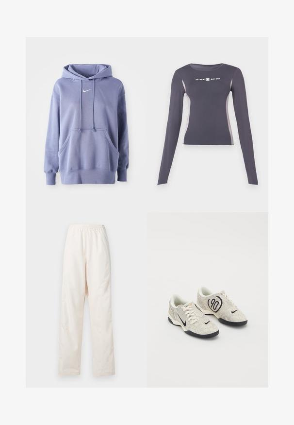 Απαλή μωβ Nike φούτερ, κατασκευασμένο από μαλακό ύφασμα, που διαθέτει μπροστινή τσέπη, κουκούλα με κορδόνι και ένα μικρό λευκό λογότυπο στο στήθος.; Σκοτεινό γκρι αθλητικό μπλουζάκι με μακριά μανίκια και εφαρμοστή γραμμή, με ανοιχτό γκρι πλαϊνές ρίγες και λευκό λογότυπο "Nike Shox" στο στήθος.; Φαρδιά κρεμ παντελόνια με ελαστική μέση και ίσια γραμμή, παρουσιάζονται σε απλό λευκό φόντο.; Nike αθλητικά παπούτσια με μπεζ και γκρί υφή, μαύρες λεπτομέρειες, μεγάλο λογότυπο "90" και λευκό κορδόνι. Μαύρη σόλα.