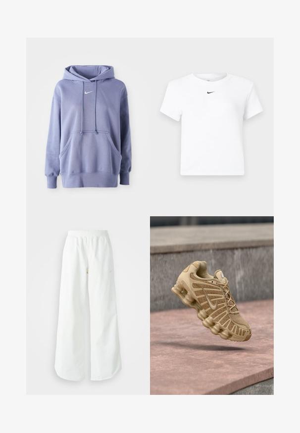 Απαλή μωβ Nike φούτερ, κατασκευασμένο από μαλακό ύφασμα, που διαθέτει μπροστινή τσέπη, κουκούλα με κορδόνι και ένα μικρό λευκό λογότυπο στο στήθος.; Λευκό κοντομάνικο cropped T-shirt της Nike με μικρό μαύρο λογότυπο Nike Swoosh στο κέντρο κάτω από τη λαιμόκοψη.; Λευκό αθλητικό παντελόνι σε φαρδιά γραμμή με ραμμένο ζώνη και διακριτική λεπτομέρεια λογότυπου. Απαλή υφή με άνετη εφαρμογή και στενό στρίφωμα.; Μπεζ αθλητικό παπούτσι με διχτυωτό επάνω μέρος και δομημένη υποστήριξη, με μαξιλαρωμένη σόλα με ορατές μονάδες αέρα και υφή λεπτομέρειες.