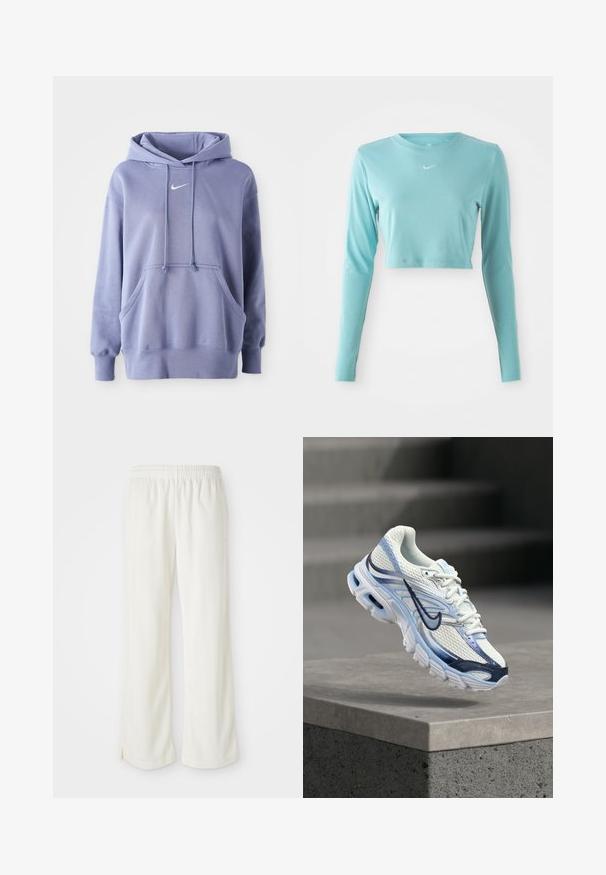 Απαλή μωβ Nike φούτερ, κατασκευασμένο από μαλακό ύφασμα, που διαθέτει μπροστινή τσέπη, κουκούλα με κορδόνι και ένα μικρό λευκό λογότυπο στο στήθος.; Ανοιχτό μπλε κοντομάνικο πουκάμισο με μακρύ μανίκι, κατασκευασμένο από λείο ύφασμα, με στρογγυλή λαιμόκοψη και ένα μικρό λευκό λογότυπο στο στήθος.; Κρεμ παντελόνια με φαρδιά γραμμή, κατασκευασμένα από ελαφρύ υλικό, με κάθετες ρίγες και ελαστική μέση.; Λευκό και ανοιχτό μπλε αθλητικό παπούτσι με λογότυπο σε σκούρο μπλε χρώμα, να αιωρείται πάνω από γκρι τσιμεντόλιθο.