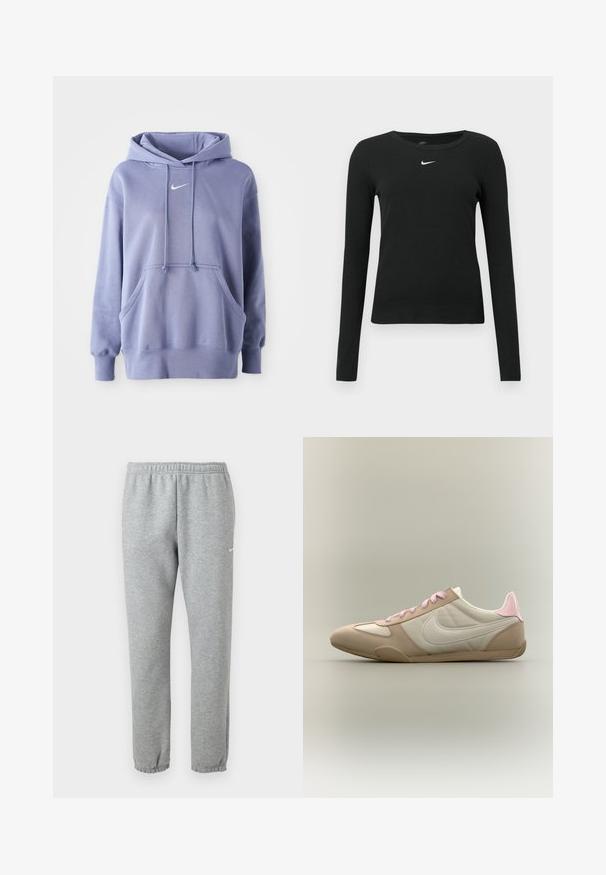 Απαλή μωβ Nike φούτερ, κατασκευασμένο από μαλακό ύφασμα, που διαθέτει μπροστινή τσέπη, κουκούλα με κορδόνι και ένα μικρό λευκό λογότυπο στο στήθος.; Μαύρο εφαρμοστό τοπ με μακριά μανίκια από ριμπ ύφασμα, με στρογγυλή λαιμόκοψη και λεπτό λευκό λογότυπο Nike στο στήθος.; Ανοιχτό γκρι παντελόνι φόρμας Nike με ελαστική μέση και μπατζάκια, μικρό λευκό λογότυπο Nike swoosh στο πάνω αριστερό μηρό.; Χαμηλού προφίλ μπεζ και λευκό αθλητικό παπούτσι με ροζ κορδόνια και έμφαση στη φτέρνα, που δείχνει το λογότυπο της Nike στο πλάι σε μονόχρωμο φόντο.
