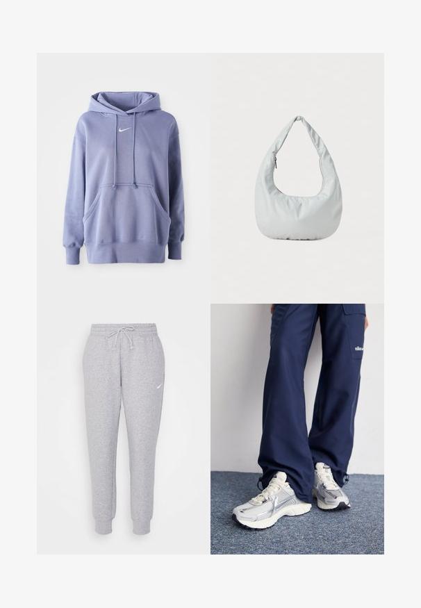 Απαλή μωβ Nike φούτερ, κατασκευασμένο από μαλακό ύφασμα, που διαθέτει μπροστινή τσέπη, κουκούλα με κορδόνι και ένα μικρό λευκό λογότυπο στο στήθος.; Ανοιχτό γκρι φόρμες με κορδόνι στη μέση, στενές μωβ και με ένα μικρό λευκό λογότυπο στο αριστερό μηρό. Κατασκευασμένες από μαλακό, υφασμάτινο υλικό.; Αθλητικά παπούτσια Nike με ασημένιο δίχτυ επάνω, λευκές λεπτομέρειες και υφασμάτινες σόλες, σε συνδυασμό με χαλαρούς ναυτικούς παντελονιού.; Μαλακή, ανοιχτό γκρι τσάντα hobo φτιαγμένη από συνθετικό υλικό. Διαθέτει μία επενδεδυμένη χειρολαβή και μια τσέπη με φερμουάρ στο πλάι.