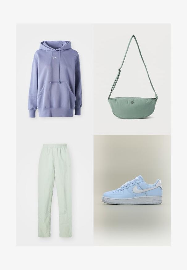 Απαλή μωβ Nike φούτερ, κατασκευασμένο από μαλακό ύφασμα, που διαθέτει μπροστινή τσέπη, κουκούλα με κορδόνι και ένα μικρό λευκό λογότυπο στο στήθος.; Ανοιχτό πράσινα, ελαφριά παντελόνια με ελαστική ζώνη. Σχεδίαση ίσιου ποδιού, με ελάχιστη υφή και διακριτική λεπτομέρεια λογότυπου.; Ανοιχτό μπλε χαμηλό sneaker Nike Air Force 1 με λευκό λογότυπο swoosh και χοντρή λευκή σόλα σε μονόχρωμο μπεζ φόντο.; Ανοιχτό πράσινο ύφασμα τσάντα χιαστί με ρυθμιζόμενο ιμάντα και μικρό μεταλλικό λογότυπο στο μπροστινό μέρος, παρουσιάζεται σε λευκό απλό φόντο.