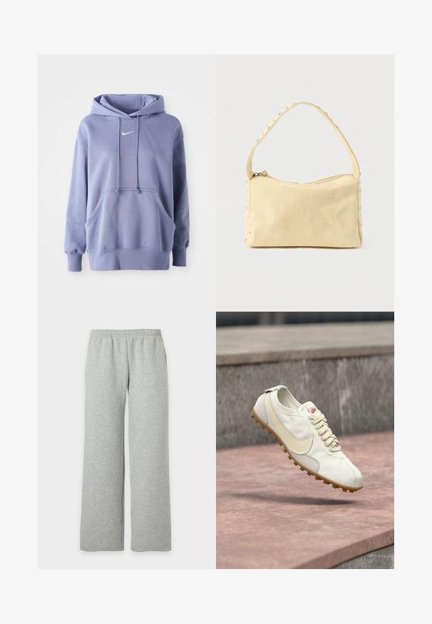 Απαλή μωβ Nike φούτερ, κατασκευασμένο από μαλακό ύφασμα, που διαθέτει μπροστινή τσέπη, κουκούλα με κορδόνι και ένα μικρό λευκό λογότυπο στο στήθος.; Ανοιχτό γκρι φόρμα με ελαστική μέση και φαρδιές, ίσιες μπατζάκια, απεικονίζεται σε απλό λευκό φόντο.; Λευκό και μπεζ αθλητικό παπούτσι με κορδόνια και καουτσούκ σόλα να αιωρείται πάνω από μια πέτρινη επιφάνεια με θολό σκυρόδεμα φόντο.; Μικρή μπεζ δερμάτινη τσάντα χειρός με έναν ιμάντα και ασημένιες τρουκ κατά μήκος των άκρων και του ιμάντα, τοποθετημένη πάνω σε απολύτως ουδέτερο φόντο.