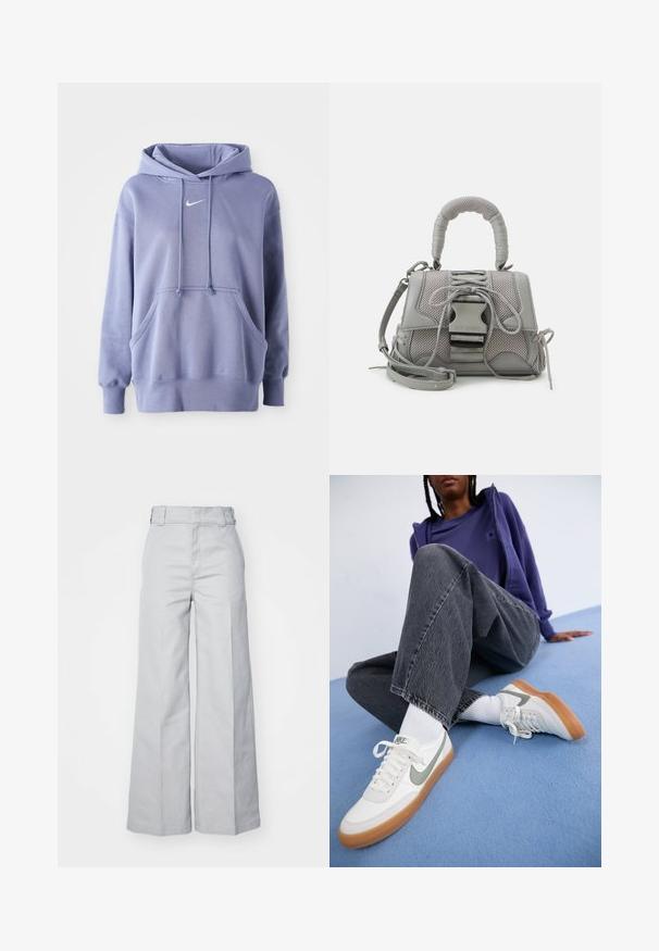 Απαλή μωβ Nike φούτερ, κατασκευασμένο από μαλακό ύφασμα, που διαθέτει μπροστινή τσέπη, κουκούλα με κορδόνι και ένα μικρό λευκό λογότυπο στο στήθος.; Ανοιχτό γκρι παντελόνι με φαρδιά γραμμή, κατασκευασμένο από μείγμα βαμβακιού, με υψηλή μέση, δομημένη ζώνη και ορατές ραφές.; Λευκά sneakers Nike με γκρι λεπτομέρειες, καφέ σόλα, φορεμένα με λευκές κάλτσες. Σκούρα γκρι, ελαφρώς φθαρμένα jeans σε φαρδιά γραμμή. Μπλε φόντο.; Γκρι τσάντα υφής με επενδεδυμένη λαβή, πλέγματα, ρυθμιζόμενο λουρί και μπροστινή κλειδαριά. Συμπαγής σχεδίαση με στρογγυλό σχήμα.