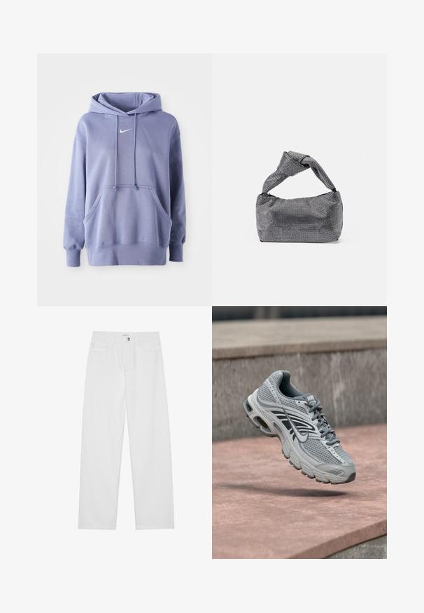 Svetlofialová mikina Nike vyrobená z jemného materiálu, s prednou kapsou, kapucňou so šnúrkou a malým bielym logom na hrudi.; Biele denímové nohavice s voľným strihom, s gombíkovým zapínaním vpredu, prednými a zadnými vreckami a rovnými nohavicami. Hladká textúra bez vzorov.; Svetlosivá a biela bežecká topánka Nike s dizajnom z oka, vznášajúca sa nad kamenným povrchom vonku.; Čierna a strieborná kabelka s textúrovaným povrchom so vzorom diamantov, s uzlovou rukoväťou a štruktúrovaným tvarom.