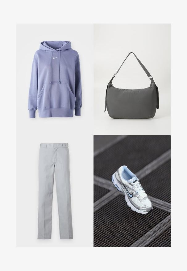 Απαλή μωβ Nike φούτερ, κατασκευασμένο από μαλακό ύφασμα, που διαθέτει μπροστινή τσέπη, κουκούλα με κορδόνι και ένα μικρό λευκό λογότυπο στο στήθος.; Ανοιχτό γκρι παντελόνι με σχέδιο ίσιας γραμμής, κατασκευασμένο από λεία ύφασμα. Διαθέτει μέση και εμπρόσθιες πτυχές για ανδρική εμφάνιση.; Λευκό αθλητικό παπούτσι από διχτυωτό υλικό με ασημένιες λεπτομέρειες, ανοιχτό μπλε ραφή και μαύρο λογότυπο Swoosh. Διαθέτει επενδεδυμένο κολάρο και υφή στη σόλα.; Γκρι μαλακή τσάντα ώμου με καμπυλωτό σχήμα, λεία υφή, ρυθμιζόμενο λουρί και διακριτό ανάγλυφο λογότυπο μπροστά.