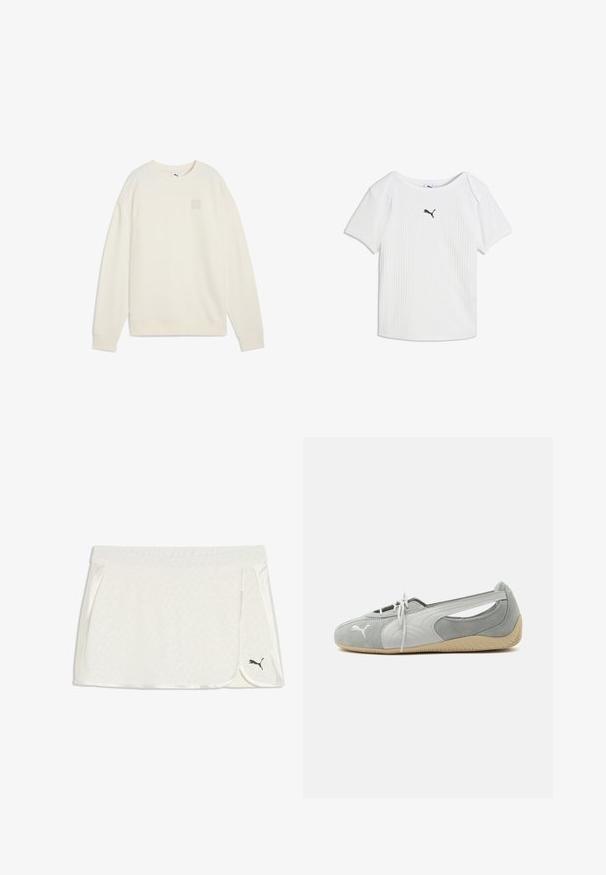 Cremefarvet sweatshirt lavet af blødt stof. Har rund hals, lange ærmer og et lille logo i en firkant på brystet.; Hvid ribstrikket T-shirt med korte ærmer, rund halsudskæring og et lille sort Puma-logo i midten af brystet.; Hvid atletisk slå-om-nederdel med diskret mønster, sort Puma-logo på nederste højre søm, bred linning og buet overlap foran.; Lysegrå Puma ruskind flad sko med hvidt logo, snørelukning foran, udskårne sider og beige tekstureret sål, vist fra ydersiden.